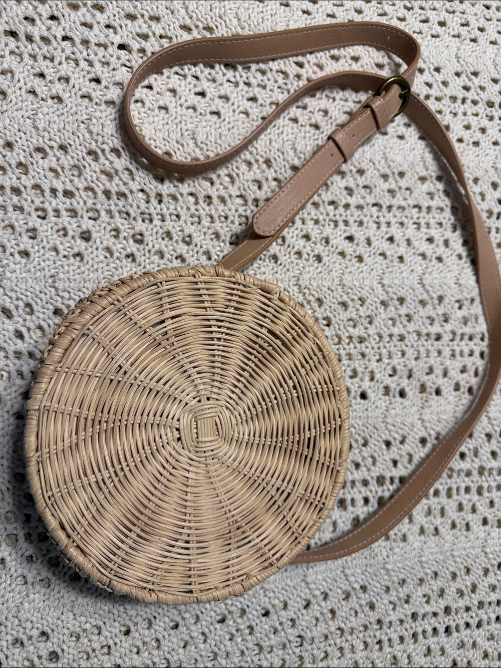 Woven Round Crossbody Bag in Tan with Adjustable Strap